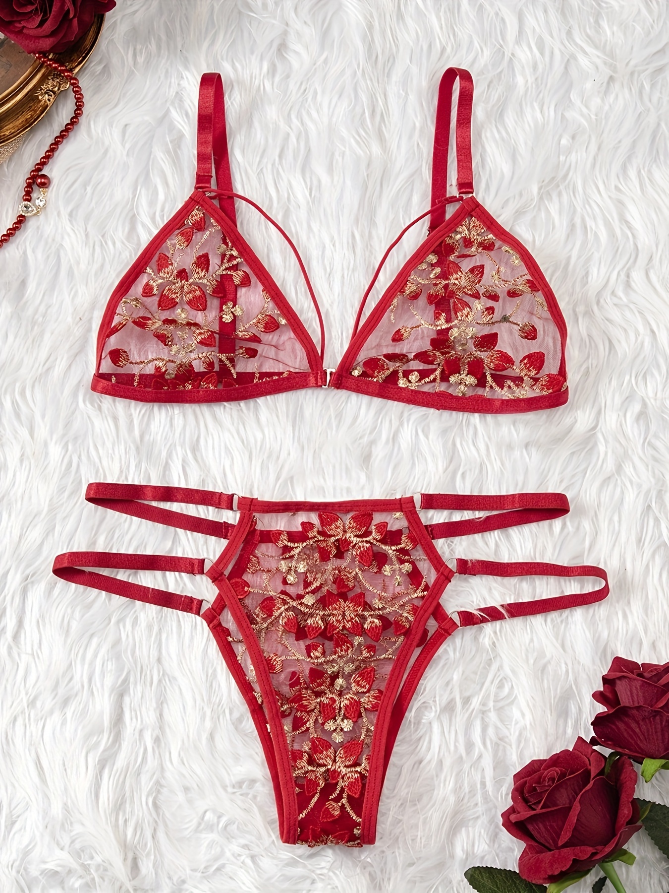 Floral Embroidery Semi Sheer Lingerie Set Intimates Bra - Temu New Zealand