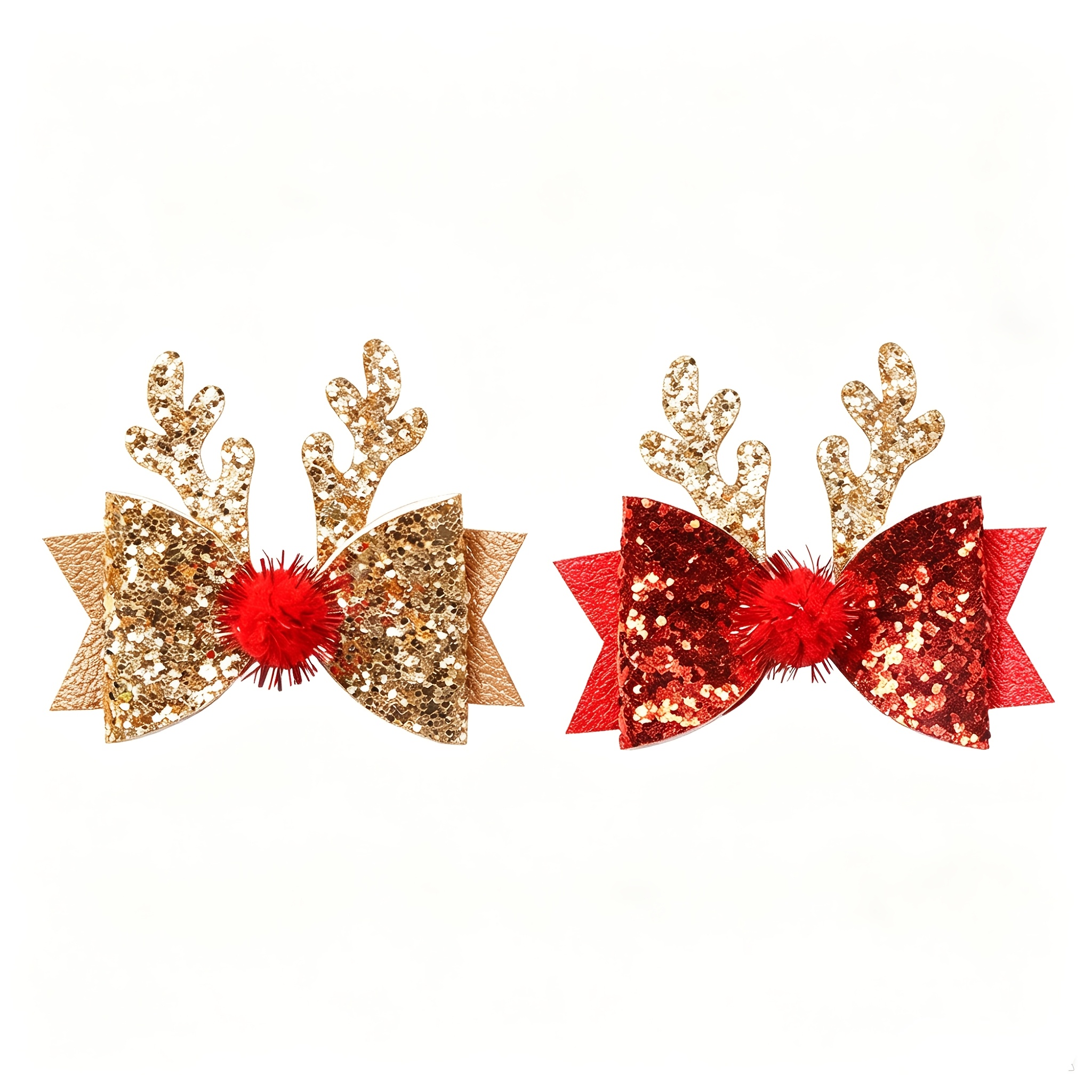 TEMU 2pcs Reindeer-themed Pet Hair Clips For Dogs And Cats - Sparkly Antlers And Bows With Red/golden Glitter Bows, Christmas Costume Headbands