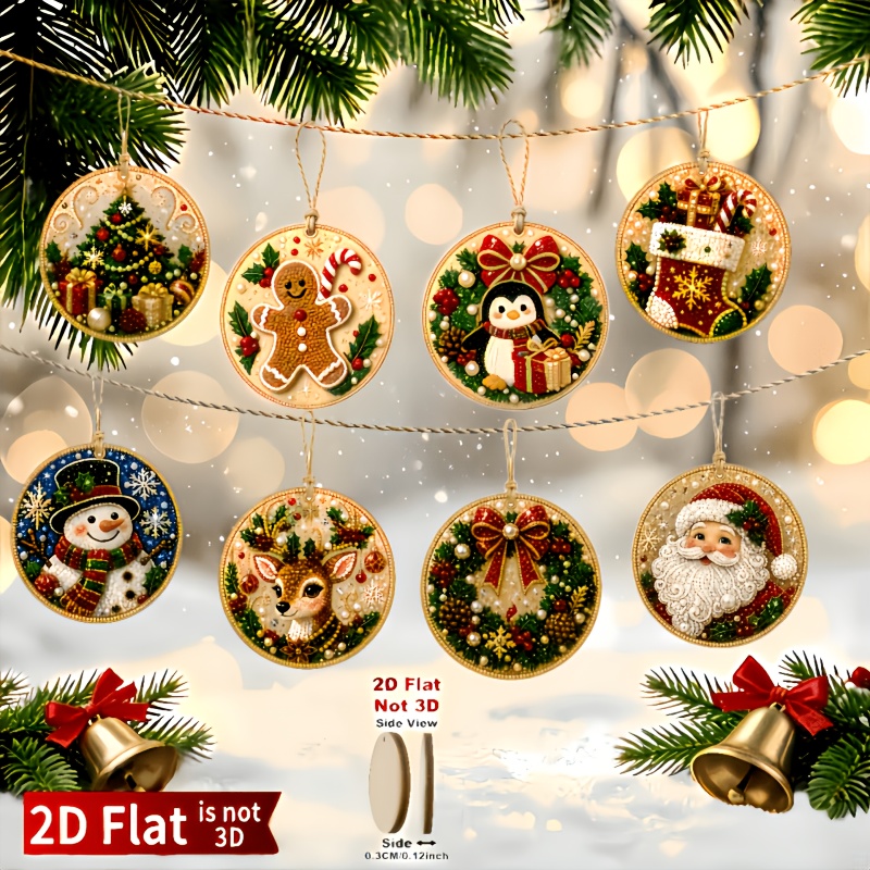 TEMU 2d Flat, 8pcs, Wooden Hanging Tags For Diamond Painting, Christmas Themed 2d Flat , 3.07 Inches, Suitable For Christmas Themes, Christmas Tree