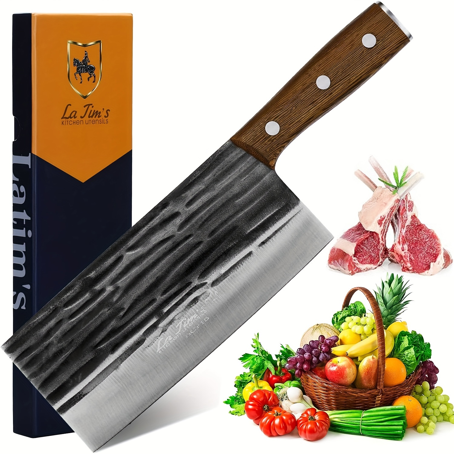 

Latim's Meat Cleaver 8 Inch, Professional Chef Knife For Meat Cutting, High Carbon Stainless Steel Kitchen Knife With Anti-slip Wooden Handle