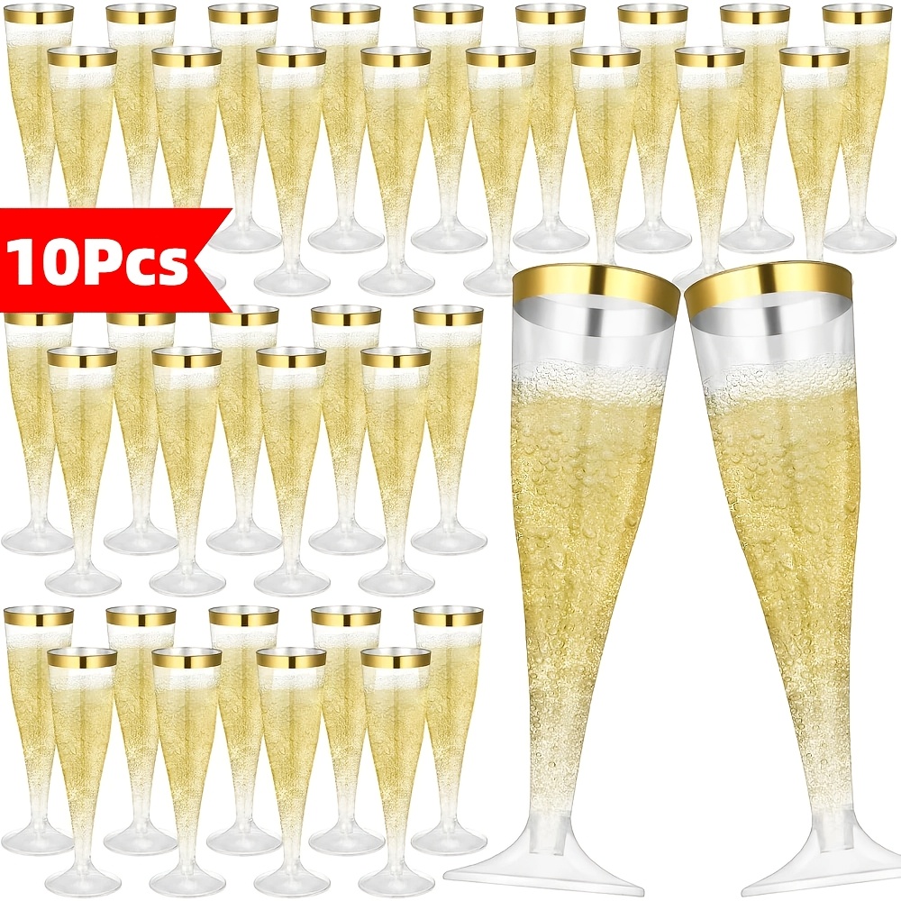 Image of 10 Plastic Flutes, Golden Rimmed Plastic Glasses, Transparent Golden Rimmed Glasses, Reusable Glasses, Wedding, Christmas, Halloween, New Year