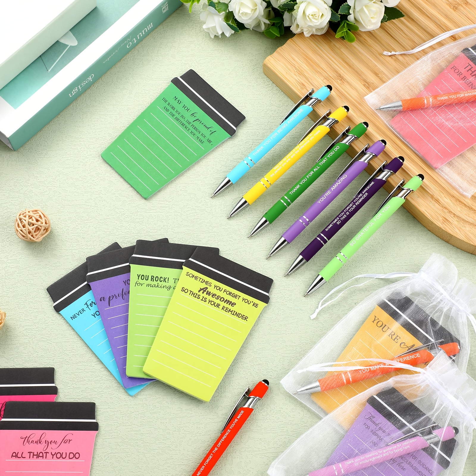 TEMU 90pcs Thank Cup Notepads With Ballpoint Pens And Organza Bags Inspirational Notepads Housekeeping Appreciation Christmas Gifts For Teacher