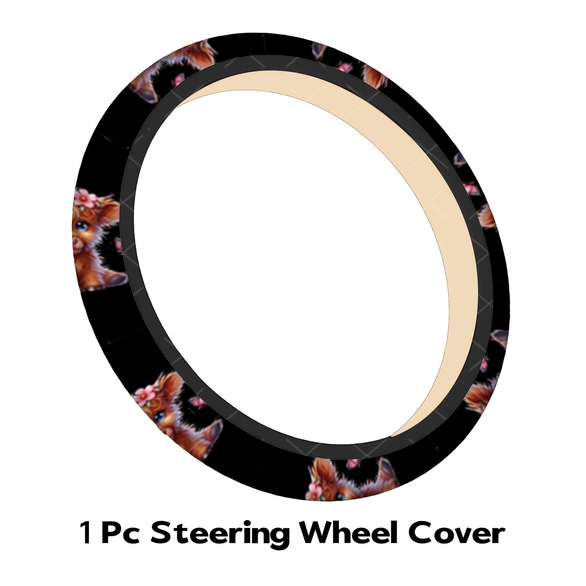 TEMU Cute Fluffy Brown Highland Cow With Pink Flowers Steering Wheel Cover, Durable & Stylish Design, Universal Fit Cars, Suvs, Trucks, Car Interior