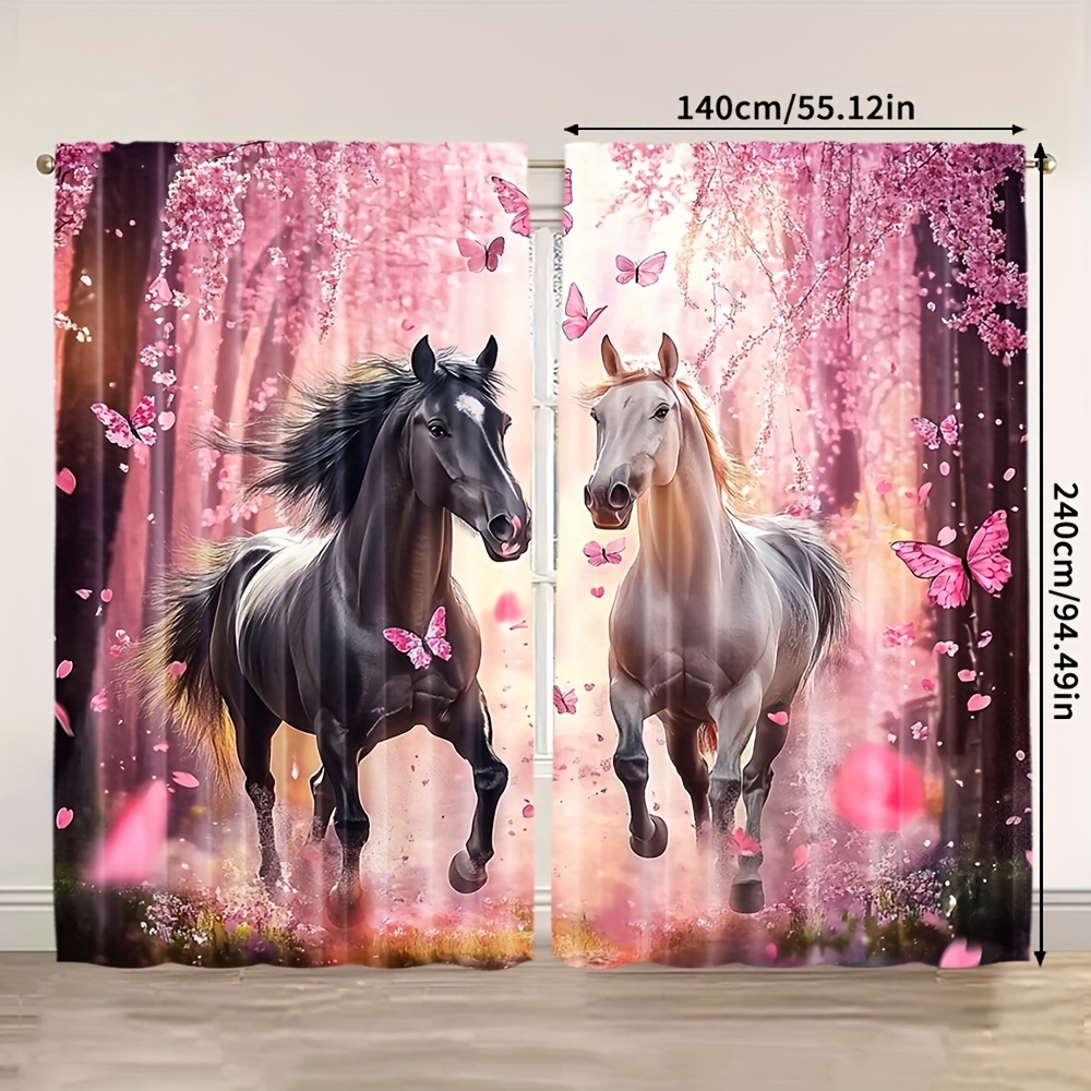 TEMU 2pcs, Curtains Cherry And Horse Fabric (without Rod, No Movement, No Battery), Doorway Curtain Art Deco Festive Ideal For Bedroom And Rooms