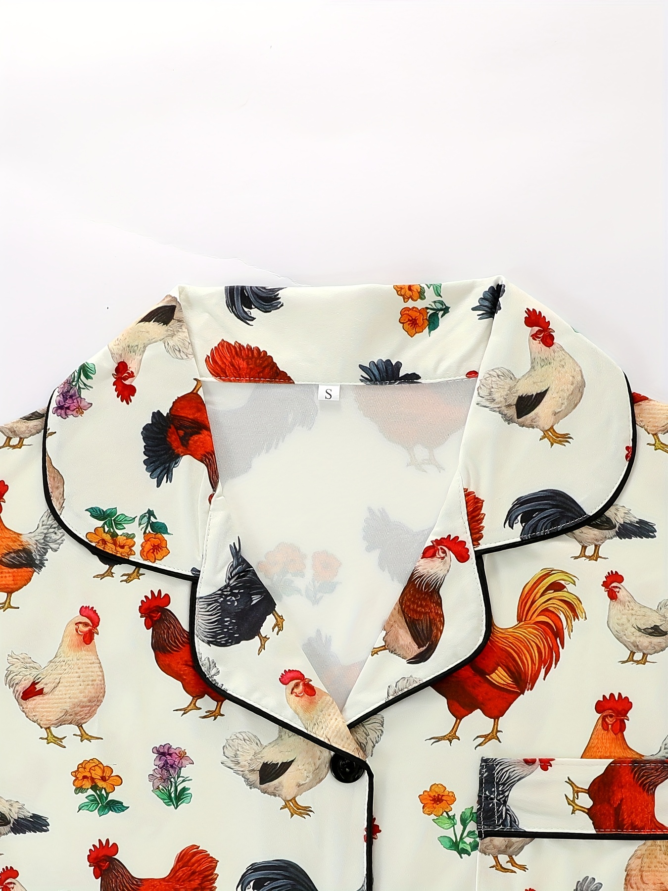 womens pajama set two piece featuring a   style chicken print comfortable outdoor and   with a collared button a comfortable short sleeve top and loose elastic shorts suitable for summer suitable for   Product details 3