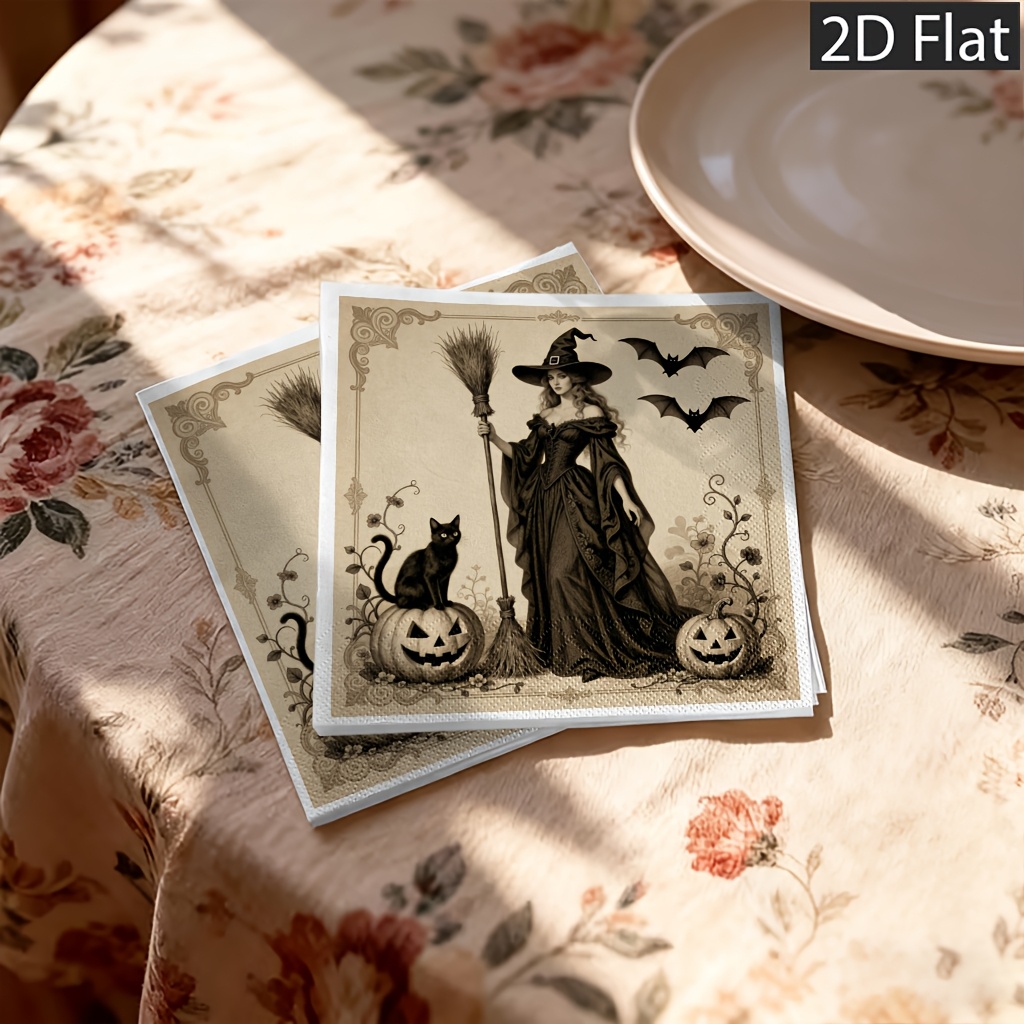 TEMU 2d Flat 20pcs Disposable Paper Napkins,2-ply For Extra Durabilityvintage Gothic Halloween With Black Cat Pumpkin And Bats Decorative For