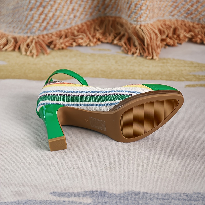 Women's Retro Platform Mary Jane Shoes with Chunky Heel & Multi-Color Striped Design - Round Toe Faux Cover/Fabric Upper, Green/Beige/White/Black/Brown, Comfortable Block Heel & Arch Support, All-Season Casual to Formal Dress Shoes - Vibrant Striped Pattern, Chunky Heel  Cushioned Insole, TPU Sole, Versatile for Casual Attire, Retro Style with Mary-Jane Strap & Buckle Closure, Sparkly Shoes for Women, Petite Pointed High Heel Shoes, Beige Shoes for Women Elegant Classy,