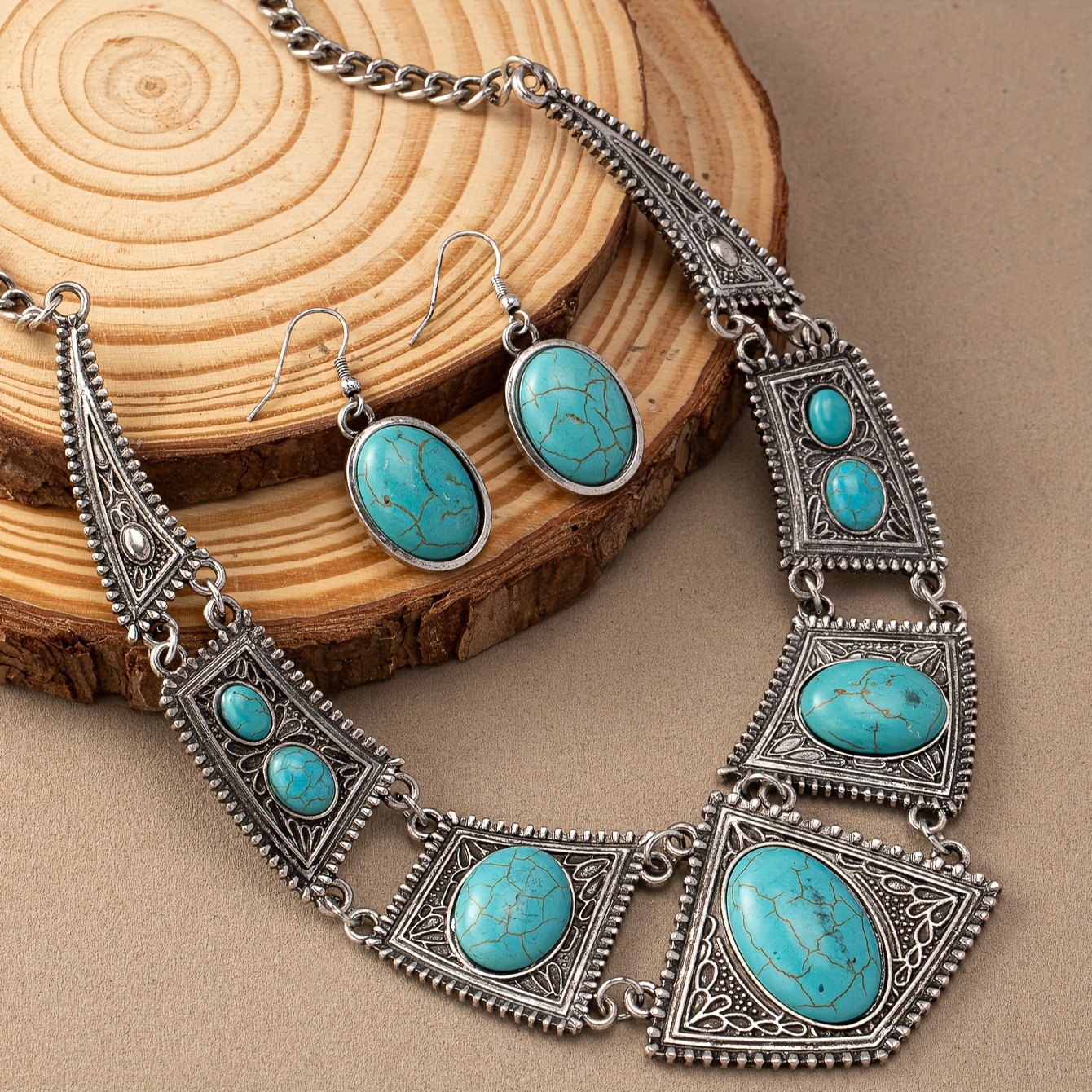 Vintage Western Bohemian Golden Turquoise Earrings & Necklace Set
