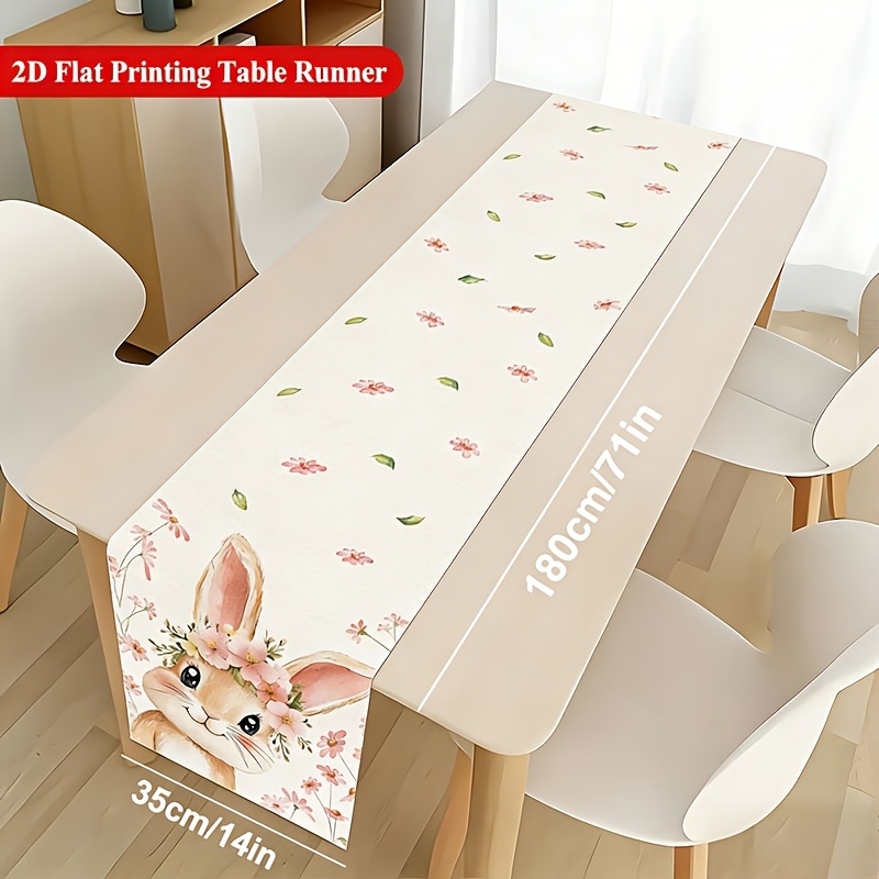 TEMU . Tischläufer im Ostern-Design mit Hasen- und rosa Gänseblümchen-Motiven, Größe 14 x 71 Zoll, zum Dekorieren von Küchen und Esstischen während