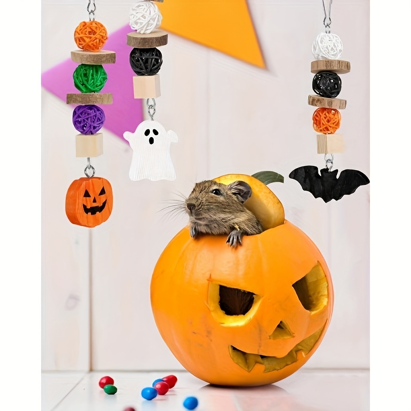 TEMU 3pcs Of Halloween Themed Chew Toys For Small Animals Bunny Rabbit Guinea Pig Dwarf Hamster Chinchilla Gerbil Pet Rat Cage Hangin