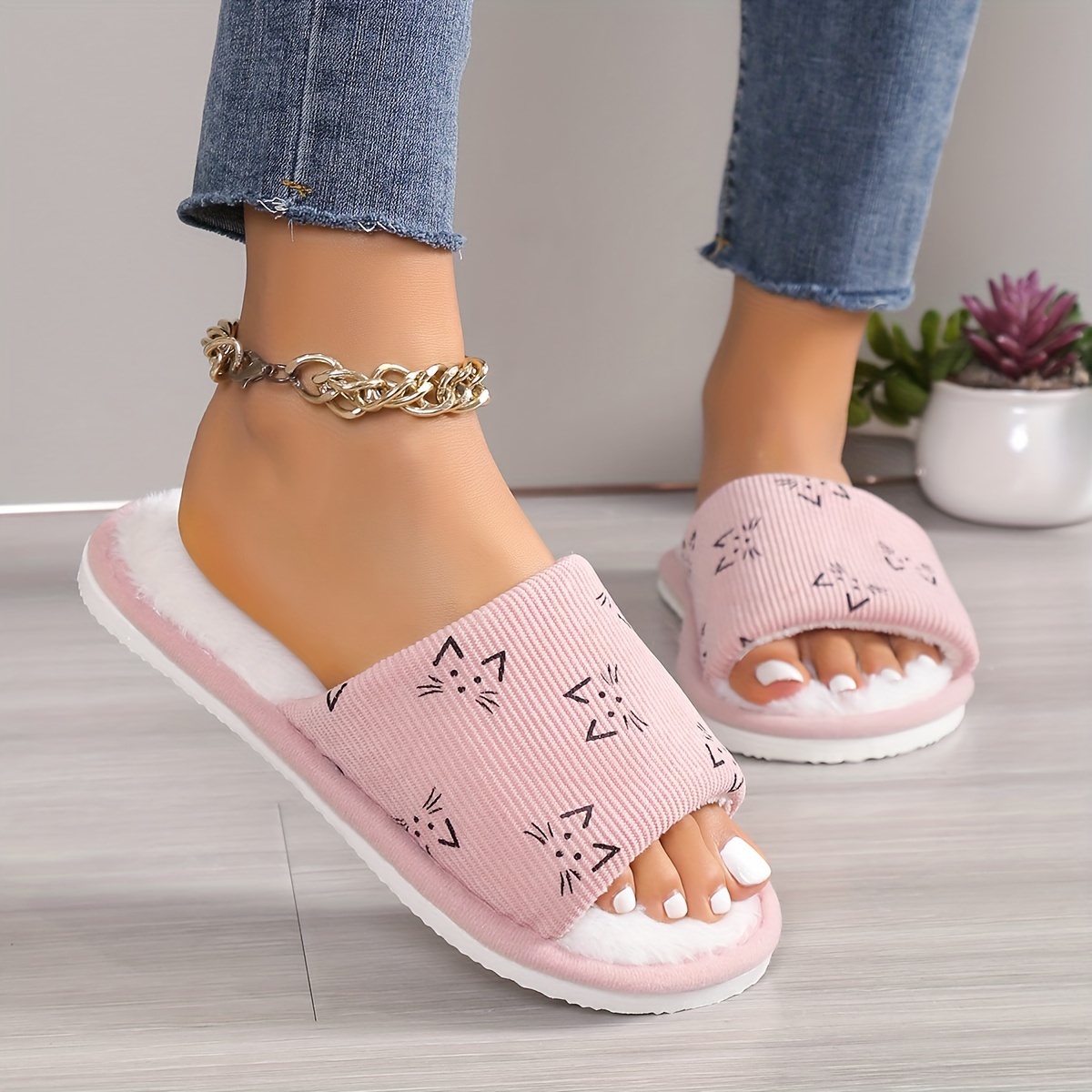 

Cute Cart Print Plush Slippers For Women, Open Toe Cozy & Warm Home Shoes, Comfortable Indoor Floor Flat Slippers