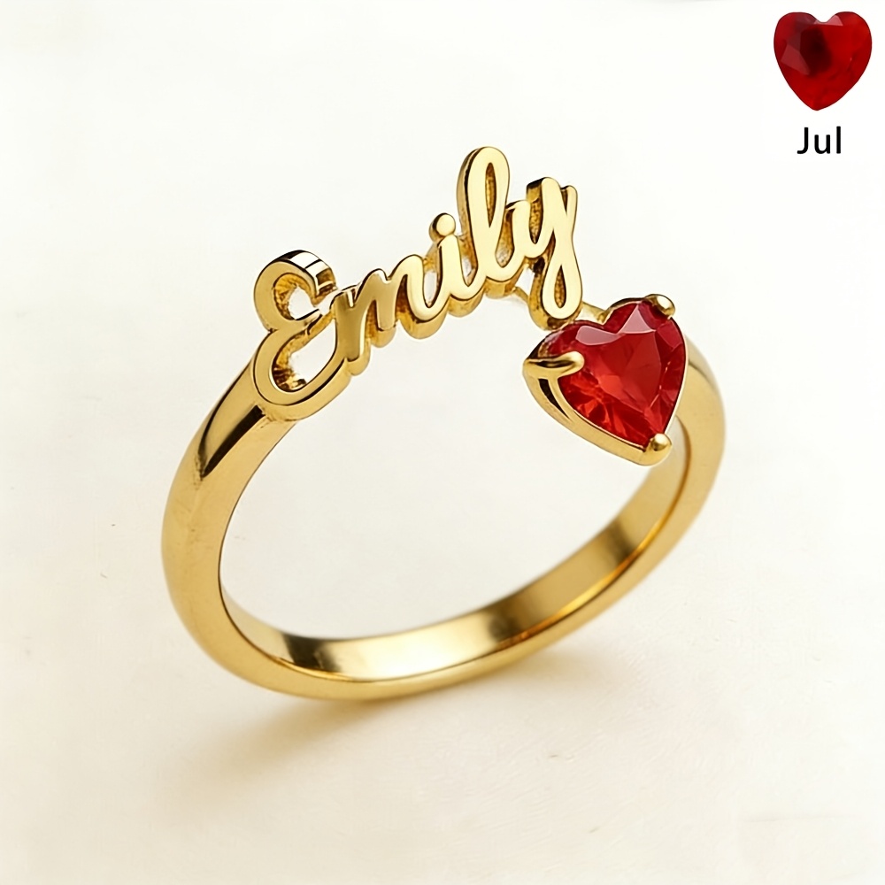 TEMU Custom Birthstone Golden Name Ring, Personalized Heart Birthstone Ring, Stainless Steel Elegant Nameplate , Best Birthday Gift, Birthstone