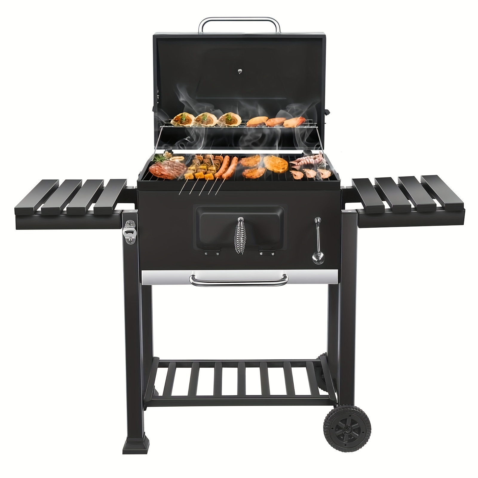 

24-inch Outdoor Charcoal Grill With Spacious Side Shelf, Wheels For Backyard Bbq And Outdoor Entertaining