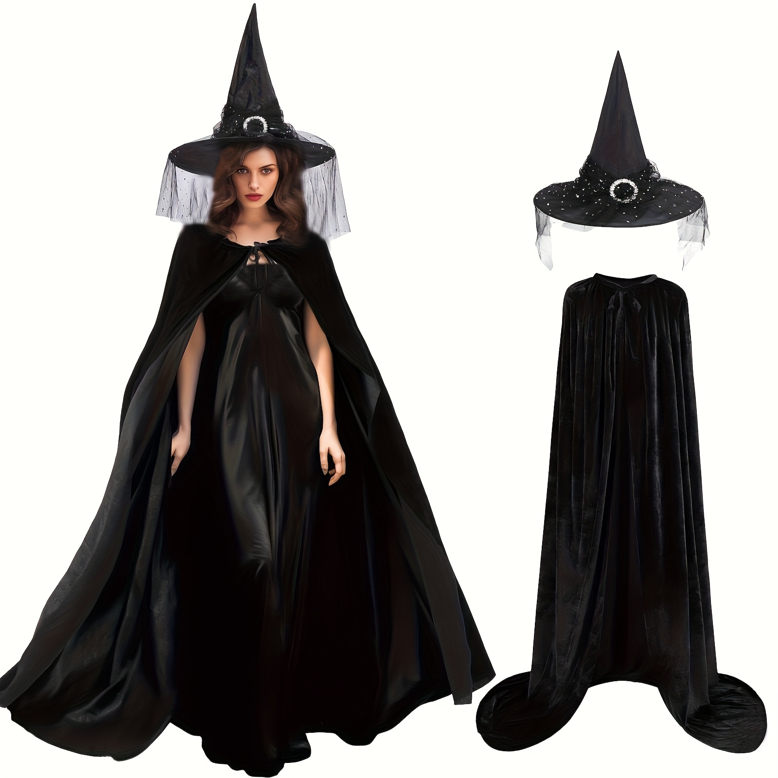 Adult's Witch Black Long Velvet Cosplay Cloak And Hat Halloween Costume Set - For Women Men Halloween Masquerade Renaissance Cosplay Costume