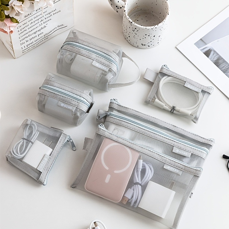 TEMU 6 Stück Transparente Mesh Datenkabel Organizer Tasche Münzfach, Leichte Tragbare Kopfhörer Powerbank Karten Aufbewahrungstasche, Kosmetiktasche
