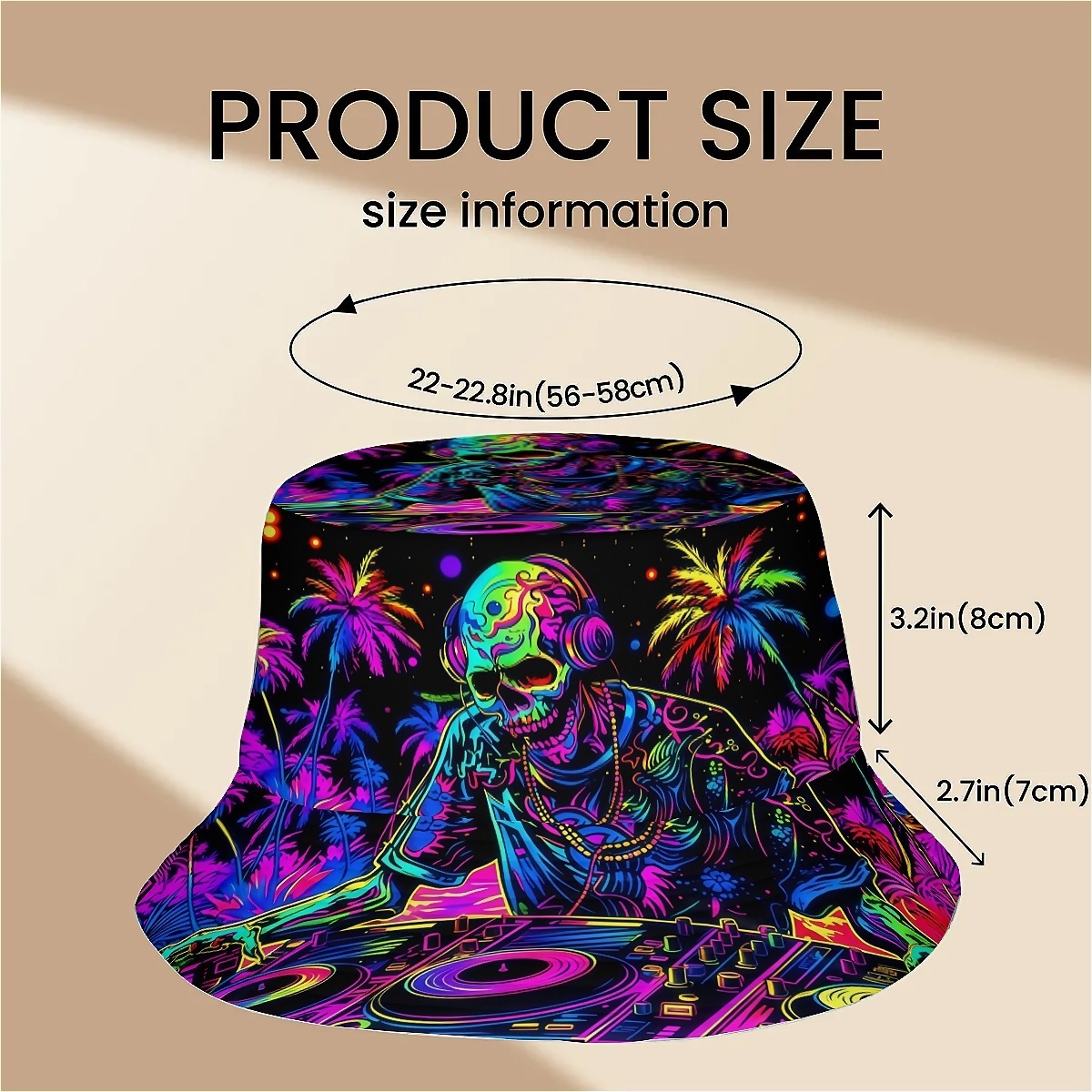 TEMU 1pcs Psychedelic Neon Skeleton Dj With Palm Trees Unisex Printed Fisherman Hat, Stylish Hat With Fun Personalty, Outdoor Vacation Fishing Hiking