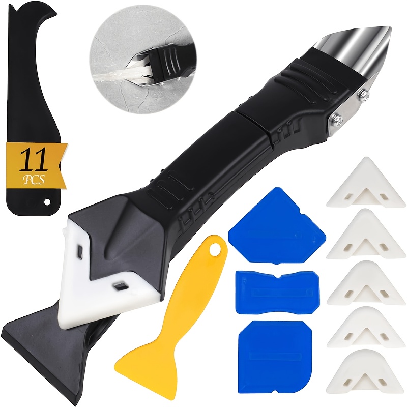 TEMU 11pcs Sealant Tool Set - Sealing Scraper | 5 Replaceable Pads, 4 Glass Glue Corner Scrapers, 1 Yellow Cleaning Scraper, Suitable For Removing