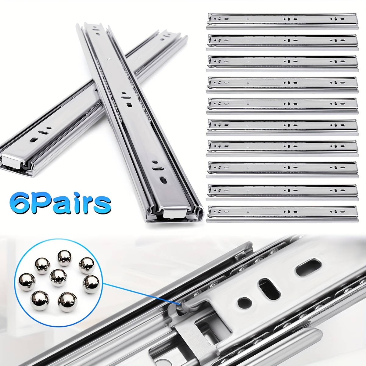 Image of 12pcs Ball Bearing Drawer Slides, 45cm Drawer Slides, Full Extension Drawer Slides With Installation Screws, Drawer , Of Bearing 60kg