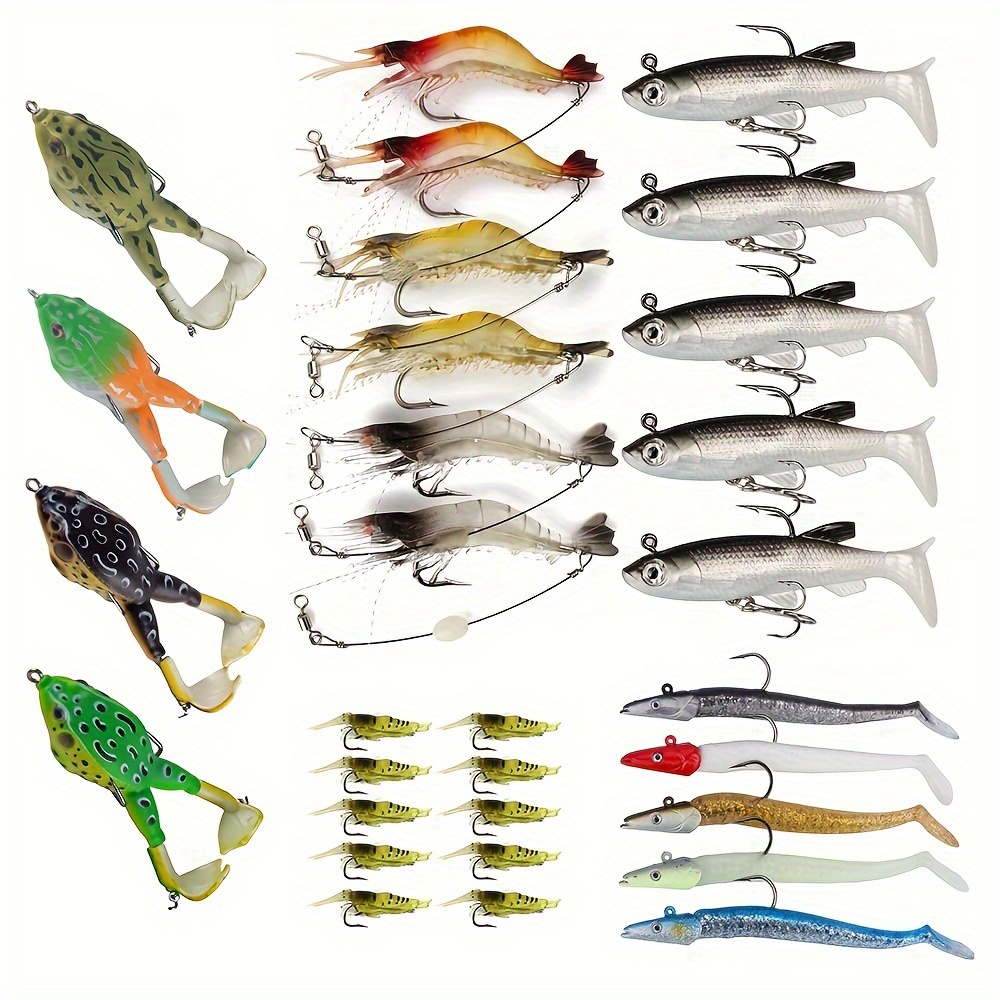 

30pcs Fishing Lure Kit - Includes Shrimp, Soft, Jig Head & Frog Lures In Vibrant Colors With Realistic Designs - Silicone, Lead-weighted For Casting - Complete Set In Tackle Box, Fishing