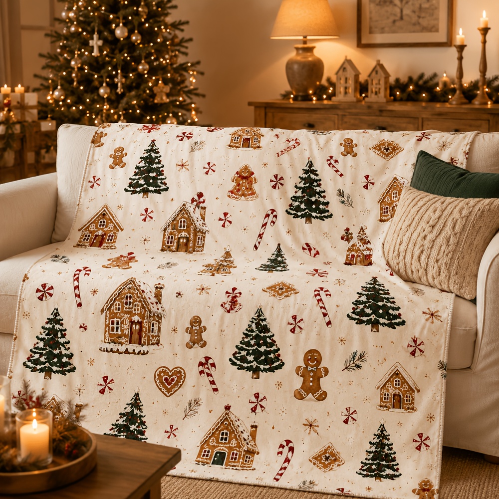 TEMU Blanket, Cream Gingerbread Town Christmas Throw, Cream Base Gingerbread House Caramel Red And Dark Green Snowball Pattern Soft Cover Blanket,