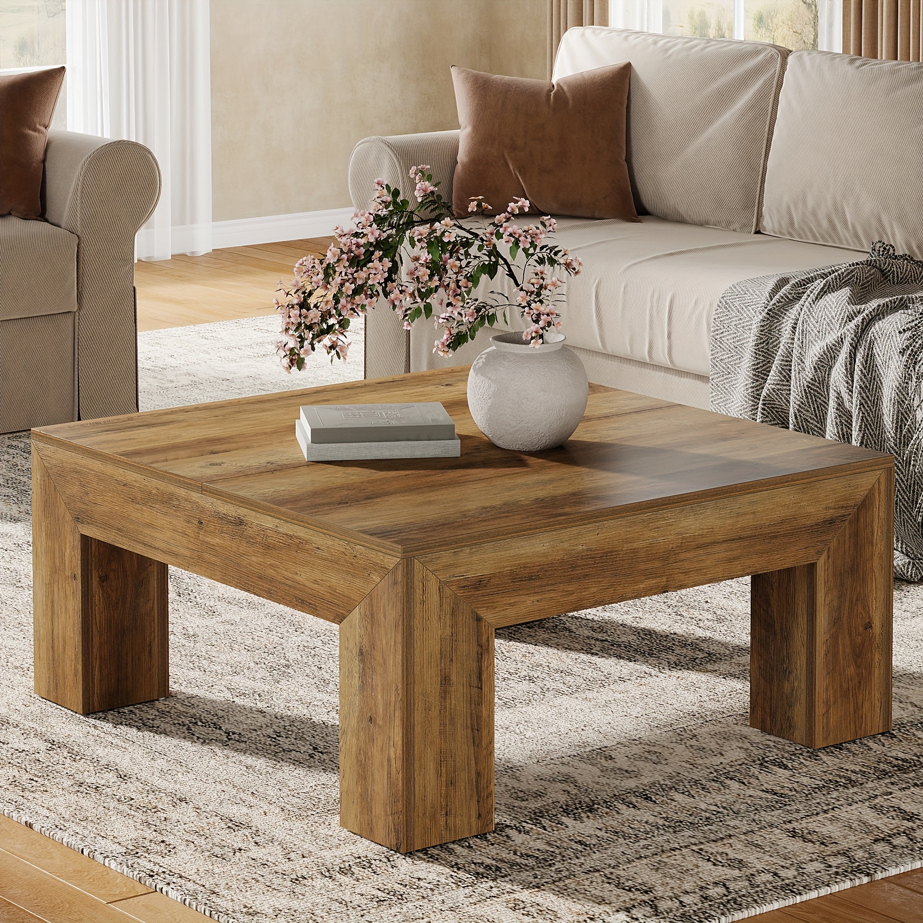 39.4-inch Table For Living Room, Farmhouse All Mdf Accent Center Cocktail Table With Sturdy Wooden Legs, Easy Assembly, Rustic Brown