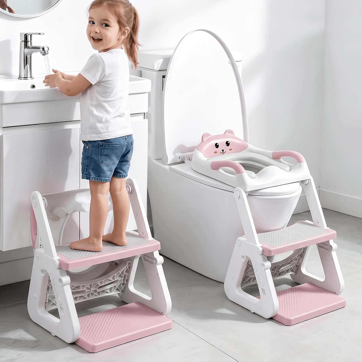 TEMU 2-in-1 Potty Training Toilet Seat With Step Stool For Toddlers, Adjustable Height Anti-slip Pad & Splash Guard, Potty Chair Kids Boys Girls,