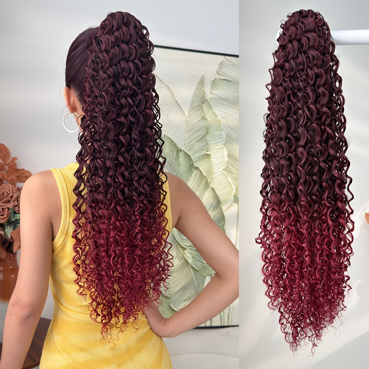 Ponytail Extension High Temperature Fiber 24 Inch Curly Wavy Dark Brown Long Amazon.com : T1B/30 Ombre Brown Ponytail Extension for Women  main image 3