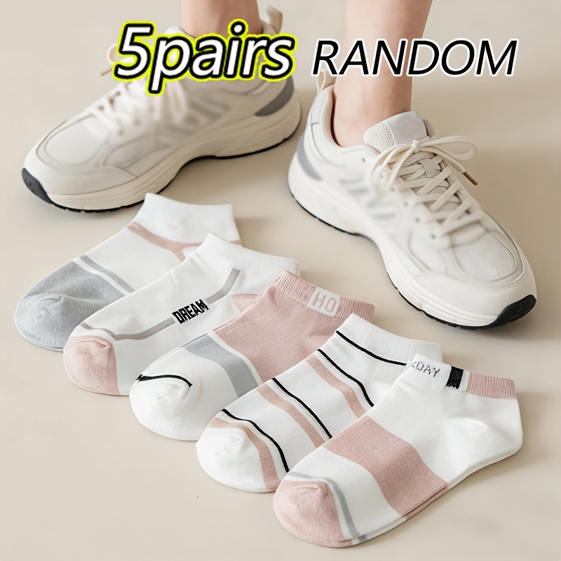 TEMU 5 Pairs Of Random Easy And Comfortable Women's Short Socks - Breathable, With Stripe And Color Block Designs, Spring And Summer Casual Short