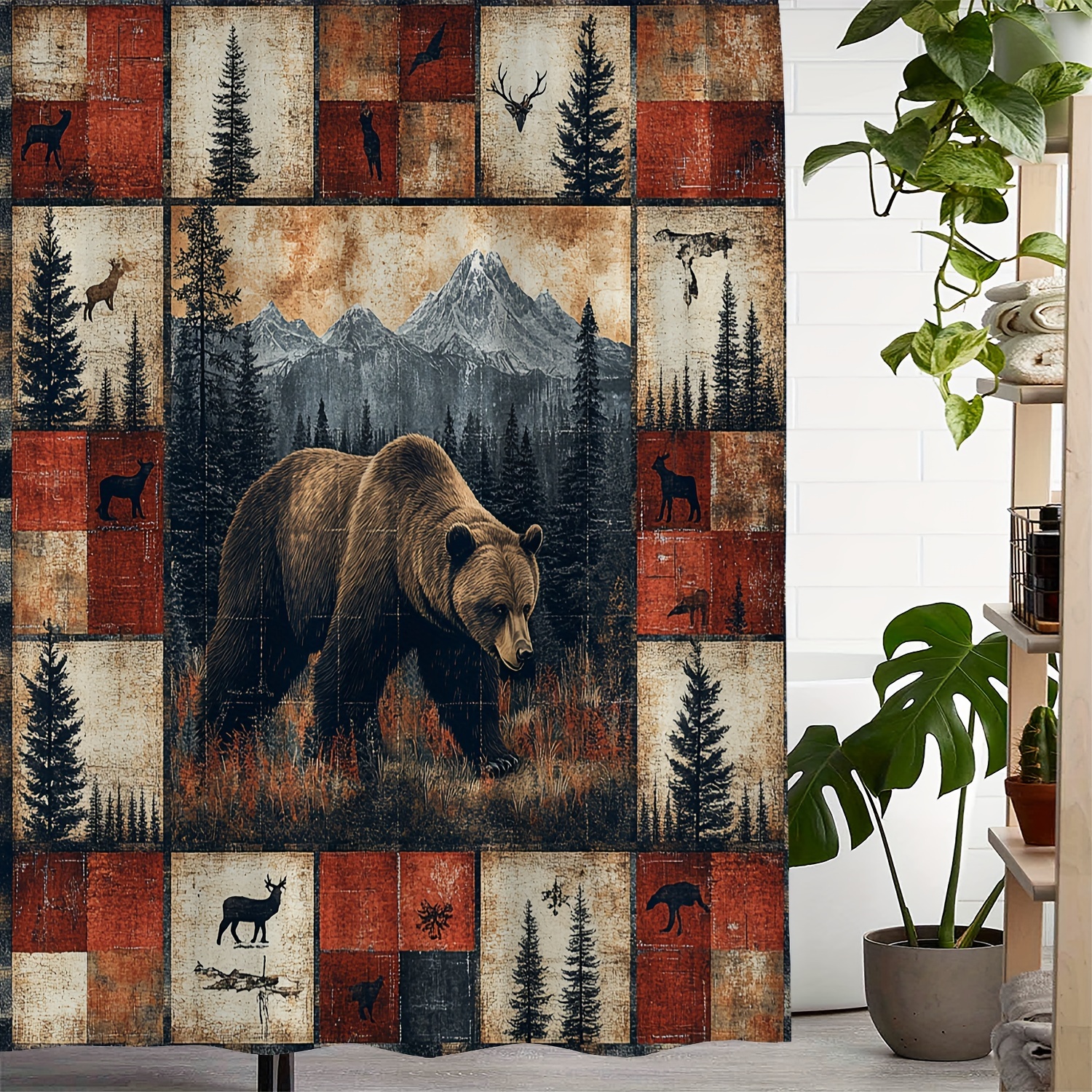 

Bear And Trees Print Waterproof Shower Curtain With 12 Hooks, Artistic Polyester Woven Fabric, Machine Washable, Bathroom Accessory For Home And Kitchen Use