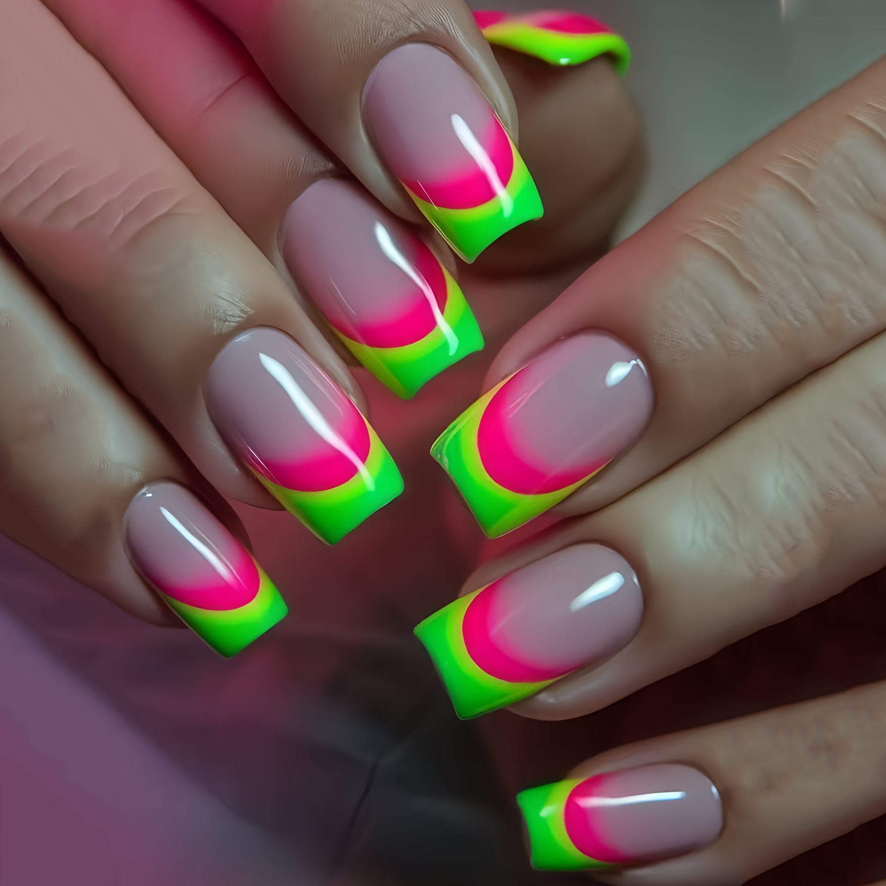 24pcs Square Pink - Nude Neon Ring - Style Glossy Press - On Nails, Removable Press - Type Fake Nails