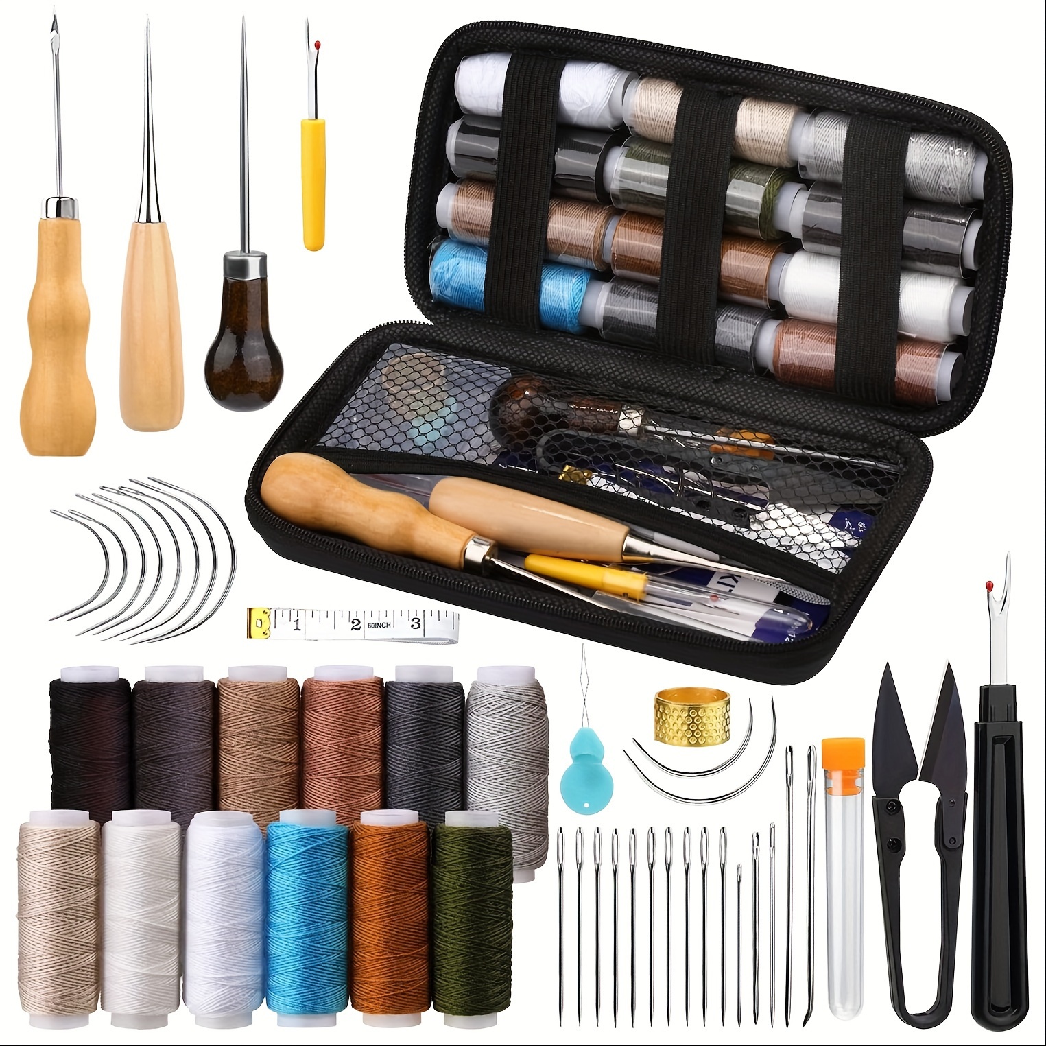 

48-piece Leather Sewing And Upholstery Repair Kit With Thread, Sewing Awl, Seam Ripper, Variety Needles, Thimble For Shoes, Carpets, Bags, Diy Crafts - Metal Tools, Mixed Color Set Without Battery