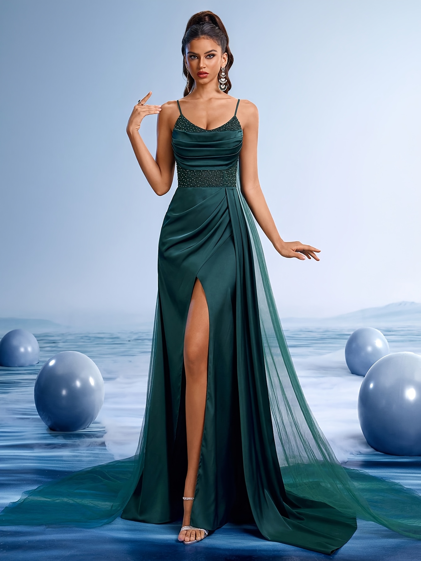 dark green prom dress strapless Strapless Beaded Mermaid Prom Dresses with Slit Satin Overskirt Pagean –  vigocouture main image 0