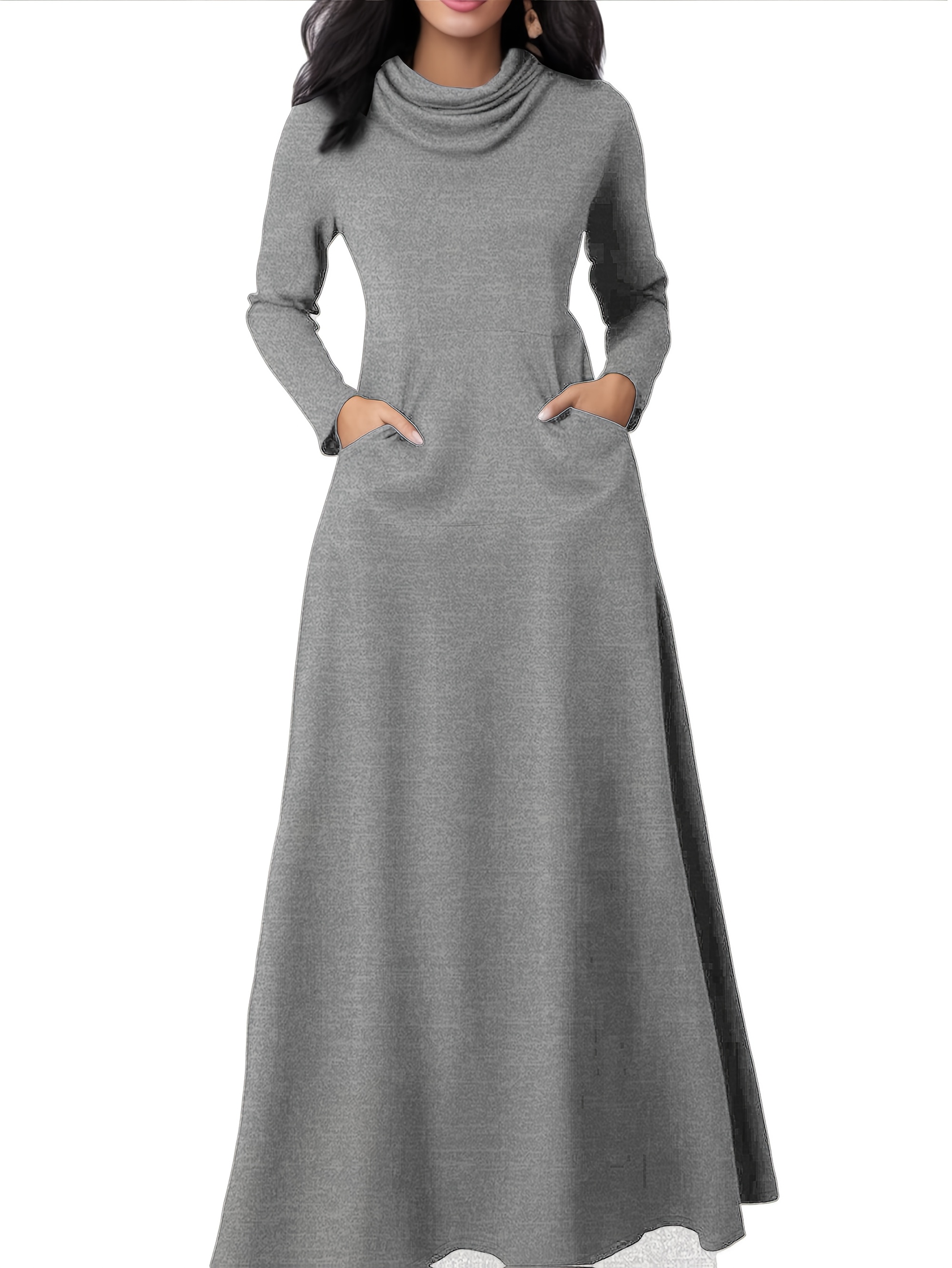 elegant black a line dress cowl neck pockets long sleeve - Temu Greece