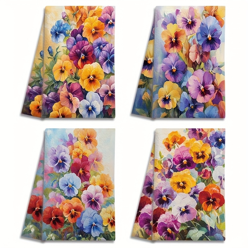 TEMU 4pcs Dish Towels 18x26 Inches, Multicolor Pansy Design, Fiber Absorbent Kitchen Dish Cloths For , Baking, Bathroom Cleaning, Outdoor Activities,