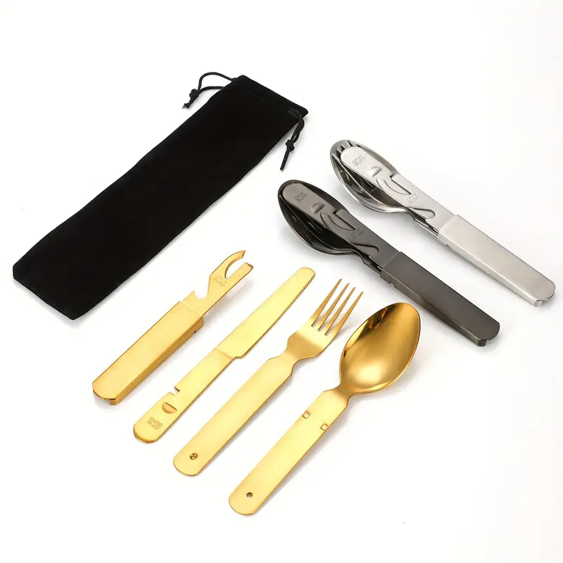 personalized customization 4pcs stainless steel portable outdoor tableware set suitable for travel with knife bottle opener and storage bag outdoor combination tableware camping outdoor travel and silvery Product details 5