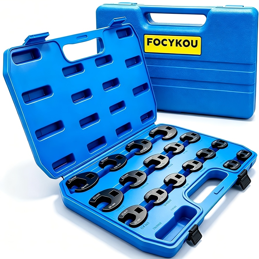 Image of 19pcs Metric Crowfoot Flare Nut Wrench Set, 8-32mm Open End Wrench Sockets, 3/8" And 1/2" Drive Ratchet Compatible, Automotive Tool Set For Brake Line, Fuel Line, And Engine Repair