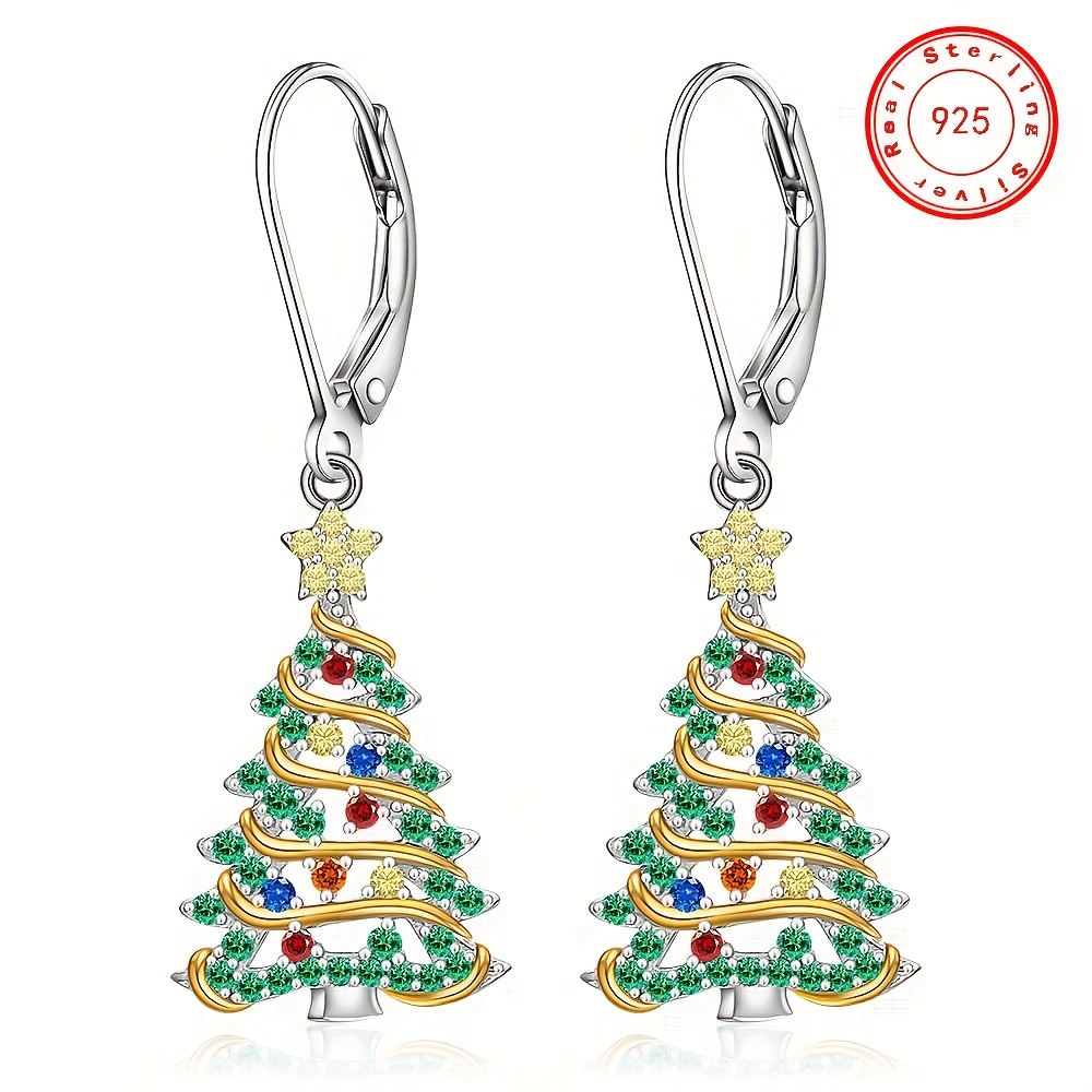 

925 Sterling Silver Christmas Tree Earrings, Christmas Earrings Women , Green Christmas Tree Colorful Zirconia Earrings Earrings Holiday Jewelry Gifts For Women