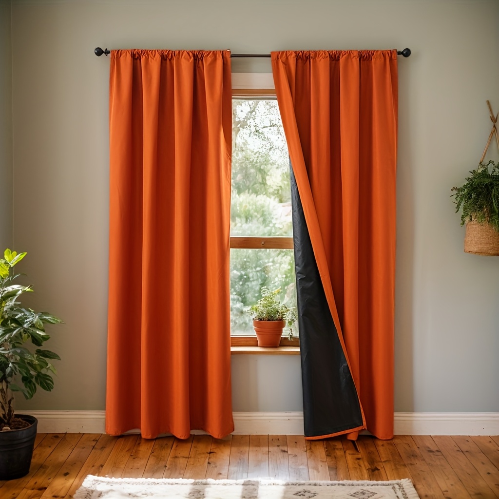TEMU 2pcs 100% Fully Light-blocking Film-coated Orange Rod Threaded Partition Curtains