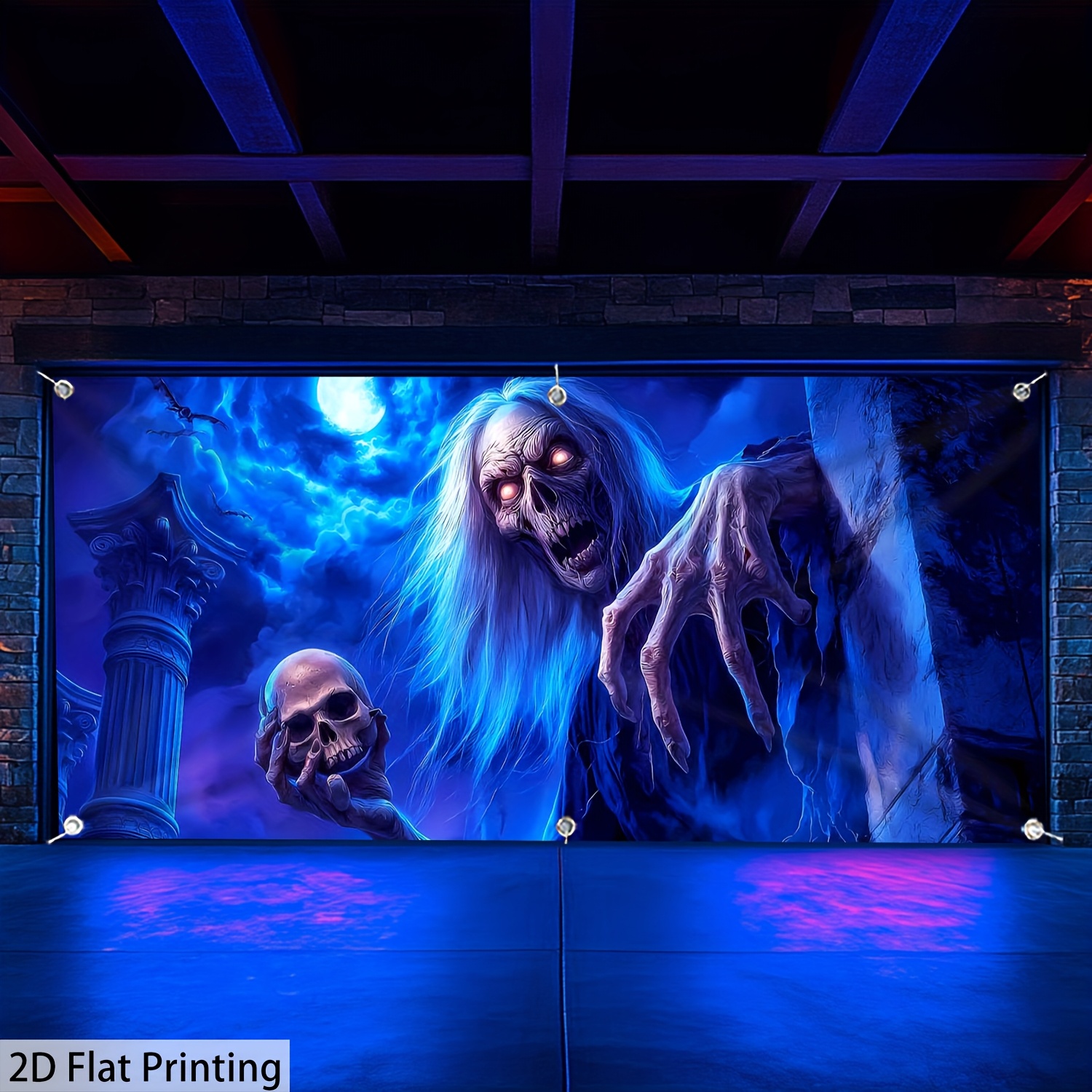 Image of 1pc - In Uv Halloween Garage Door Banner, Large Scale Fluorescent Fabric Wall Decoration, Suitable For Party Decoration, Halloween Decor, Outdoor Activities, No Power Needed, Polyester
