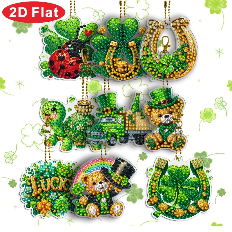 TEMU 9pcs 's Day Diamond Painting Keychain Kit With Tools - Complete Diy Craft With 9 Unique Clover Keychains, Suitable For Birthday Party Favors,