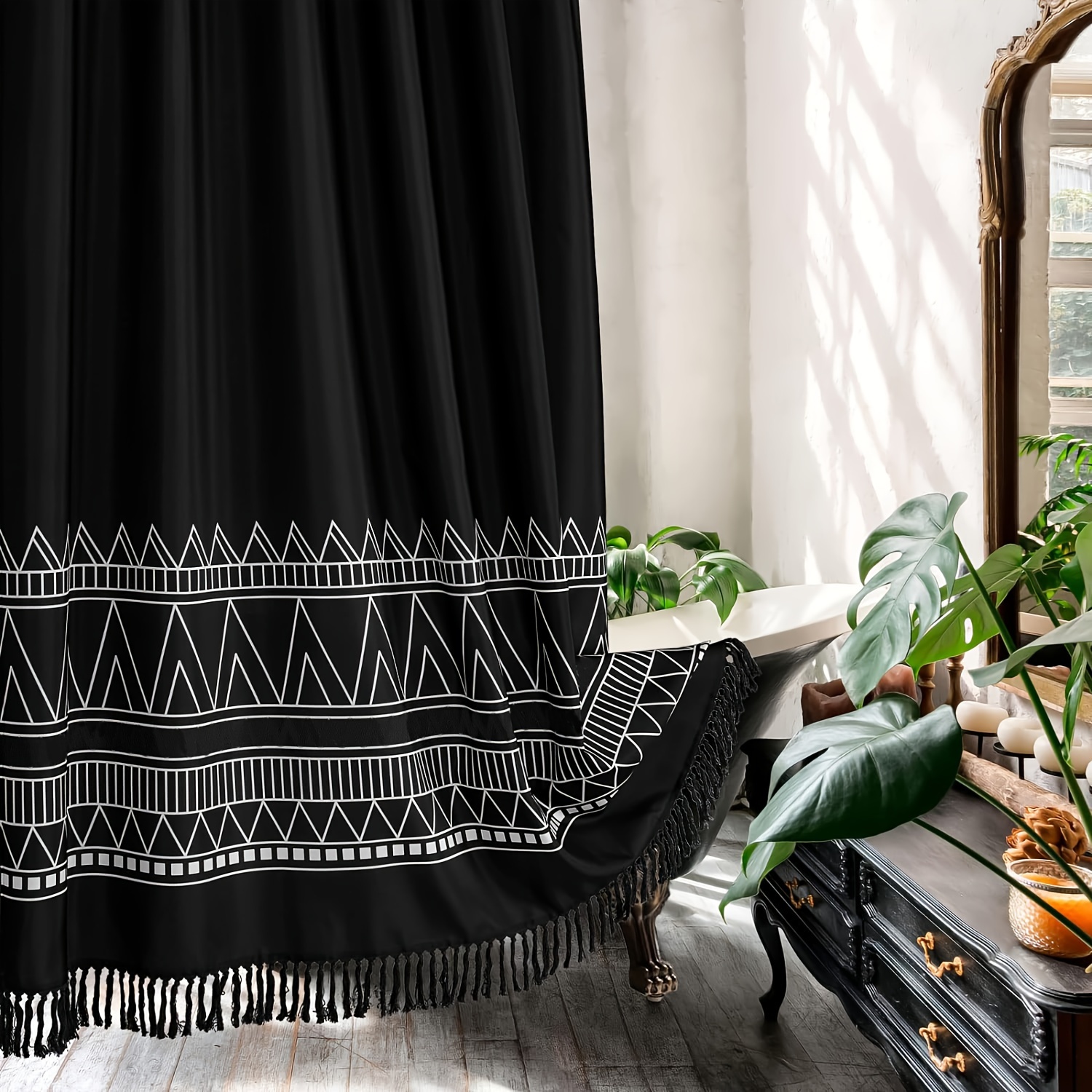 Black Boho Shower Curtain Set with Hooks