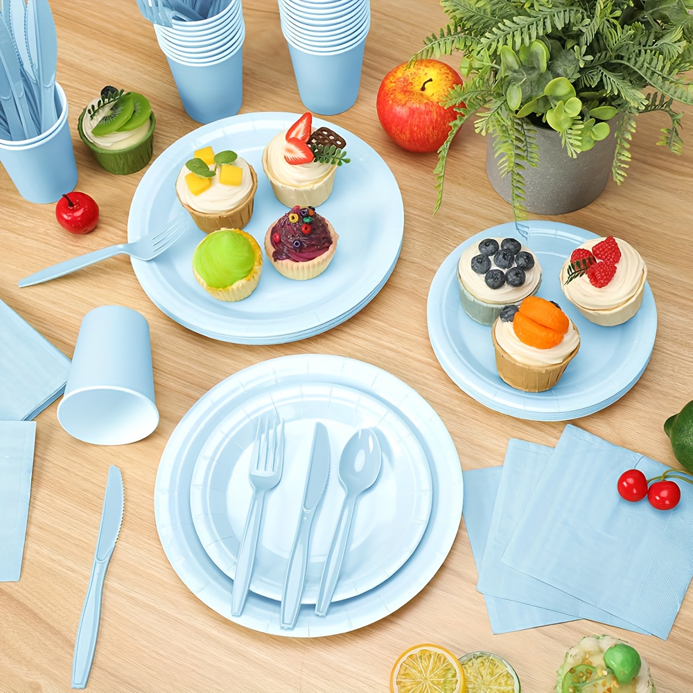 61pcs, Light Blue Solid Color Party Decoration Party Tableware 7/9 Inch  Disposable Dinner Plate, Napkin Paper, Party Decoration Su
