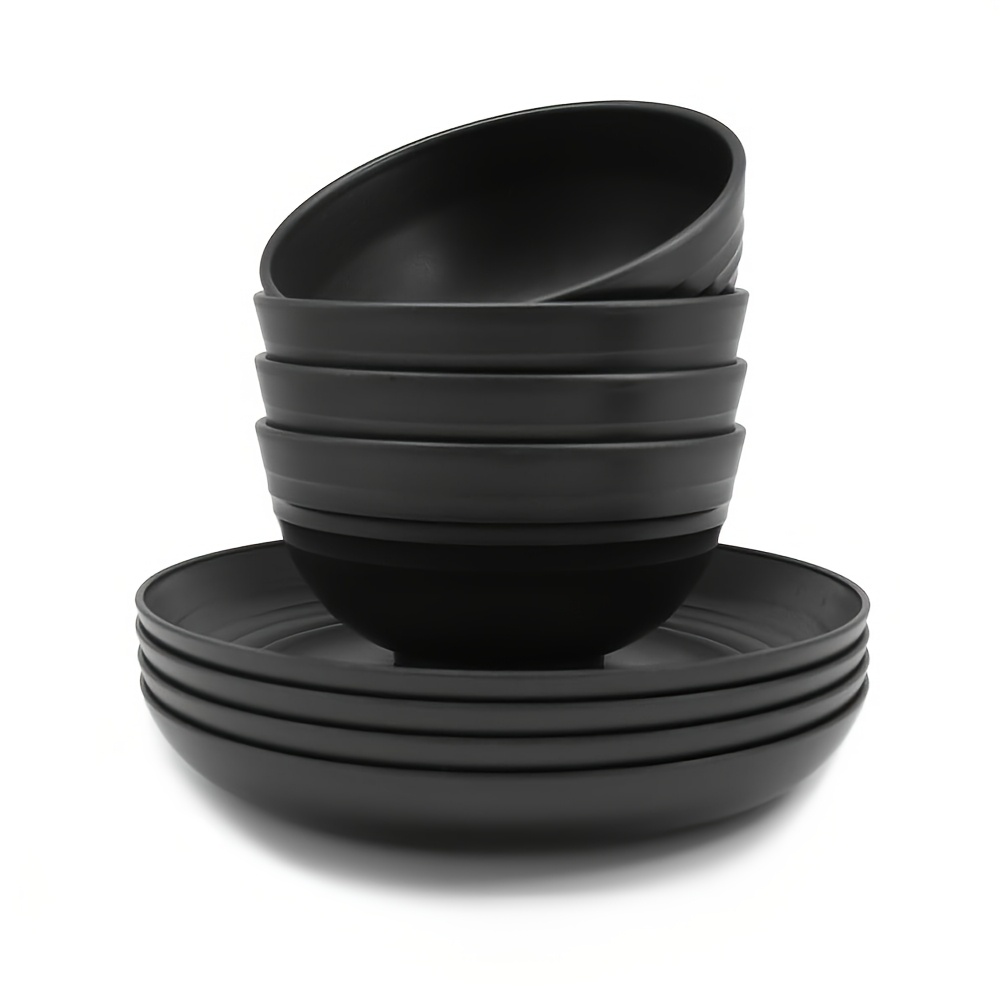 Image of 8pcs Black Bowl And Plate Tableware Set, Including 4pcs Bowls And 4pcs Plates, Dishwasher And Microwave Safe, Serves 4, Suitable For Home, New Year, Camping, Rv, Picnic And Kitchen Use, Gift
