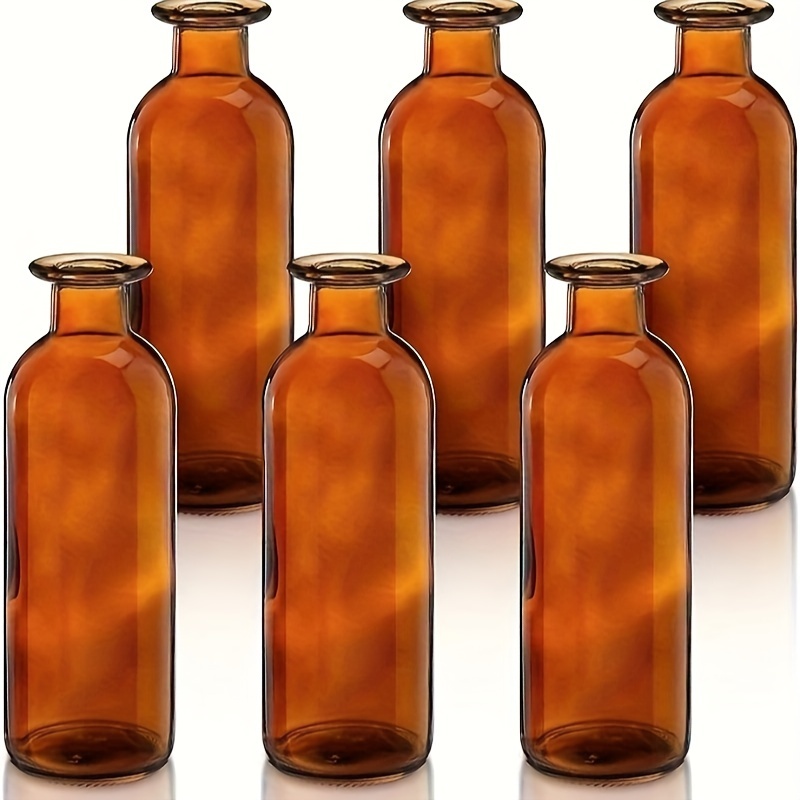 Image of 6pcs Amber Glass Bud Vase Set, 8oz Living Bud Vase, Flower Small Vase, Table Center Decoration Amber Decorative Bottle, Home Decoration, Office, Wedding Banquet, Retro Style, Christmas Decoration