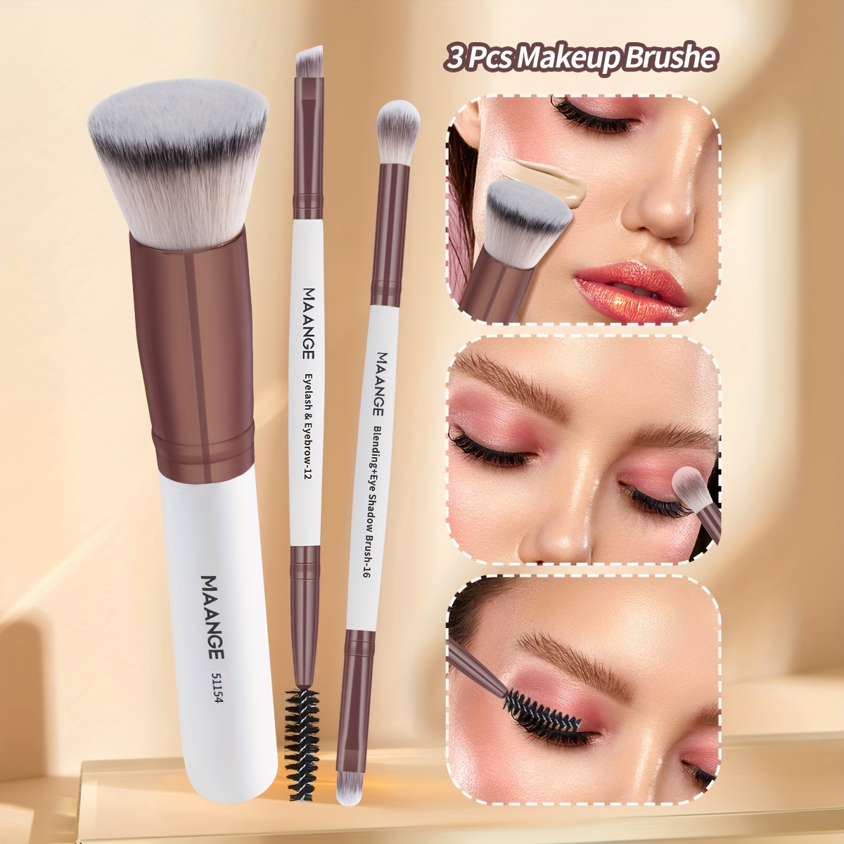 MAANGE 3pcs Foundation and Eye Brush Set, Makeup Essentials