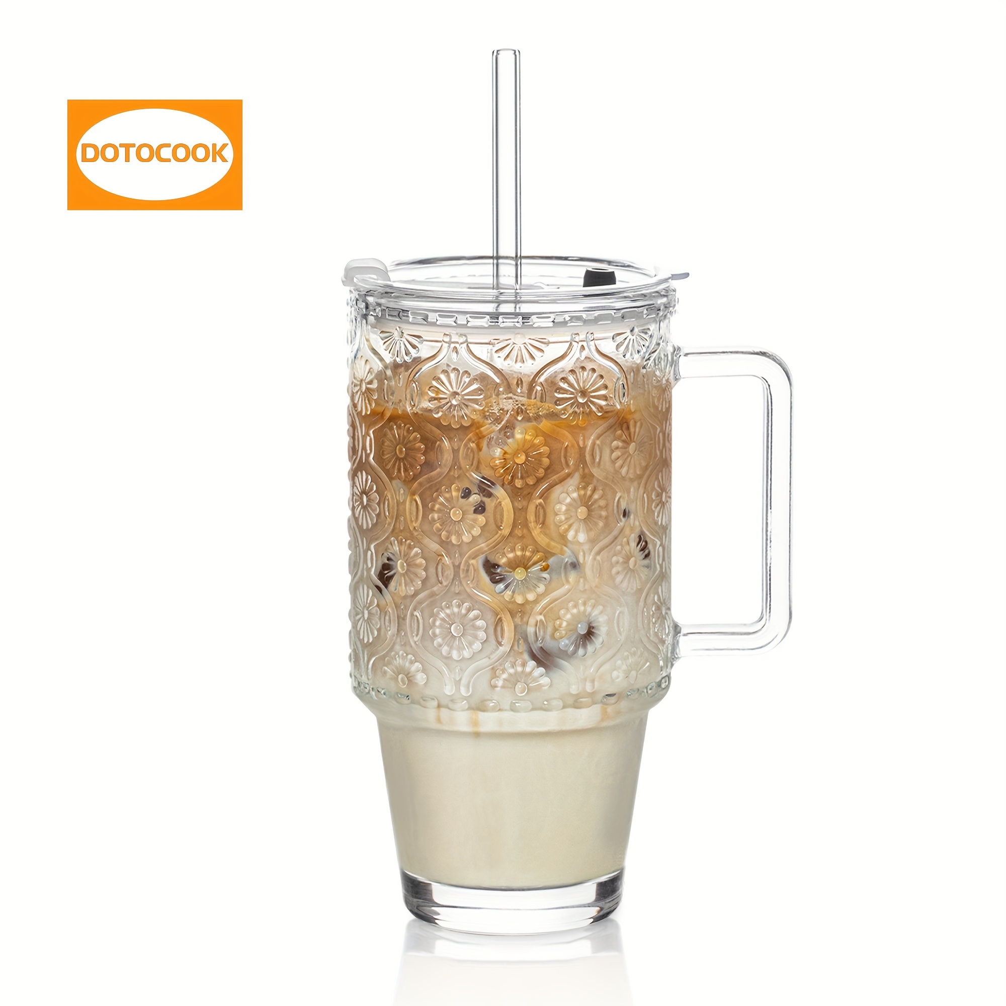 24 Oz Glass Tumbler with Straw And Lid, Iced Coffee Cups with Lids,  Smoothie Cup with Handle * Pattern Glassware for Cold Drinks, Reusable  Tumbler for Beverages