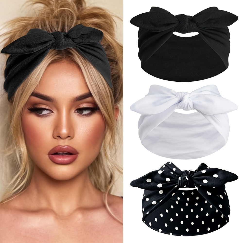 TEMU Foulard Femme Motif à Pois - 3pcs Bandeau Bohème Élastique à Nœud, Bandeau Rétro Doux et , Idéal pour Yoga, Cosmétique, Exercice, Accessoire de