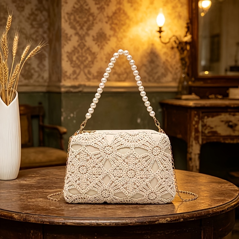 TEMU Petit sac à main pour femmes, sac à bandoulière rétro français occidental en dentelle ajourée, sac à double usage avec chaîne de perles, sac à