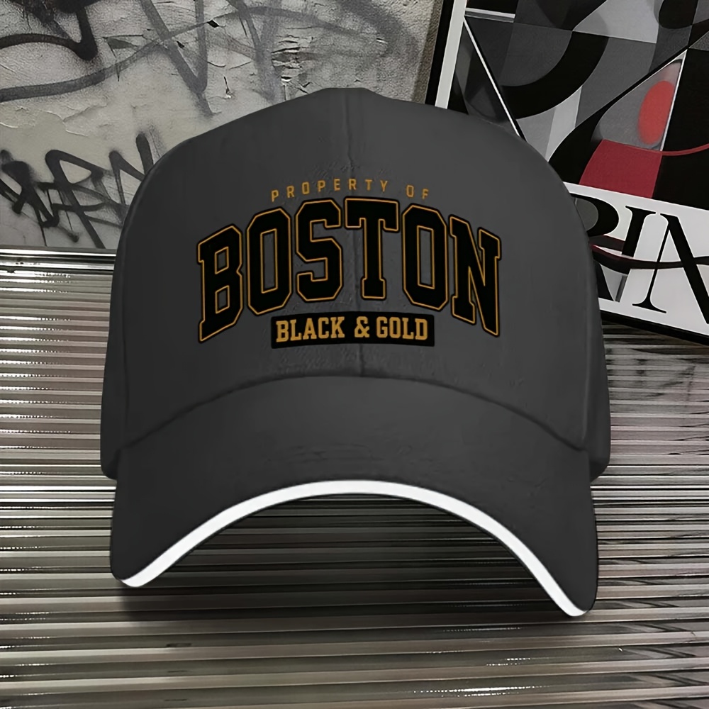 TEMU 1pc, Boston Black And Golden Printed Adjustable Sandwich Baseball , Lightweight Printed Women's Hat, Boston Black And Golden Trendy Men's Hat,