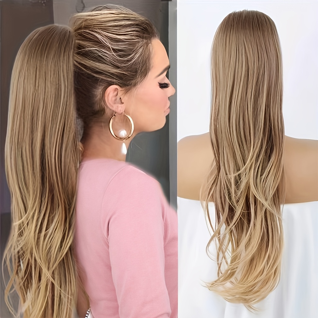 E-shop 26 Zoll Synthetische Lange Wellige Zopfverlängerung mit Zugband für Frauen – Natürliche Schwarz, , Blond Highlight Ombre Farben zur Auswahl